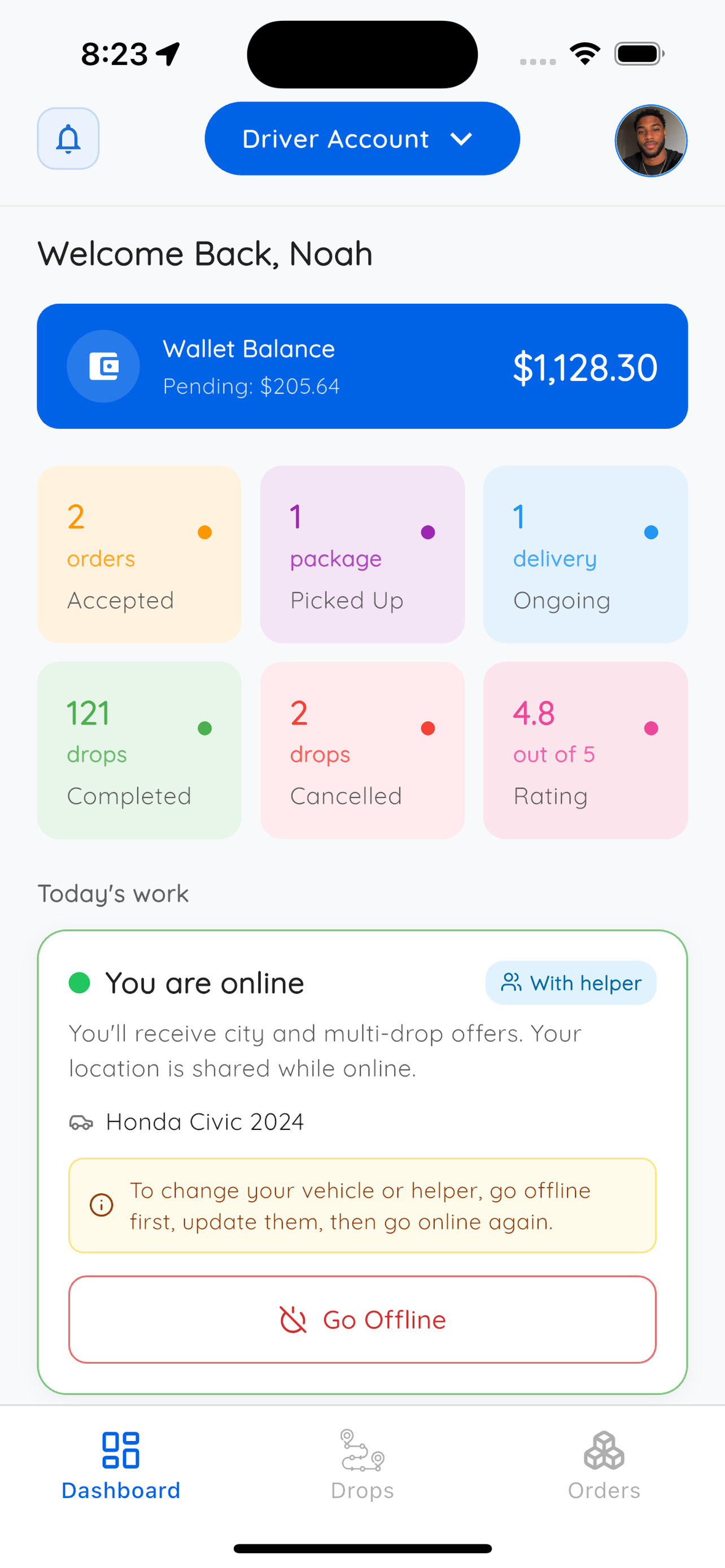 AnyDrop driver dashboard showing earnings and active deliveries